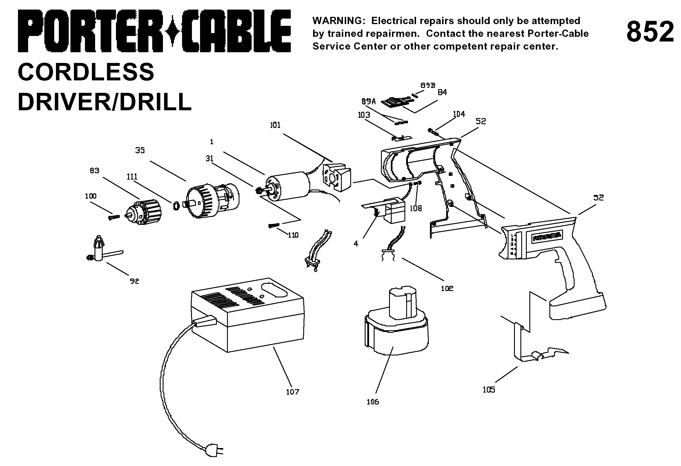 Page A Diagram and Parts List for J-852 1 Porter Cable Boring Machine